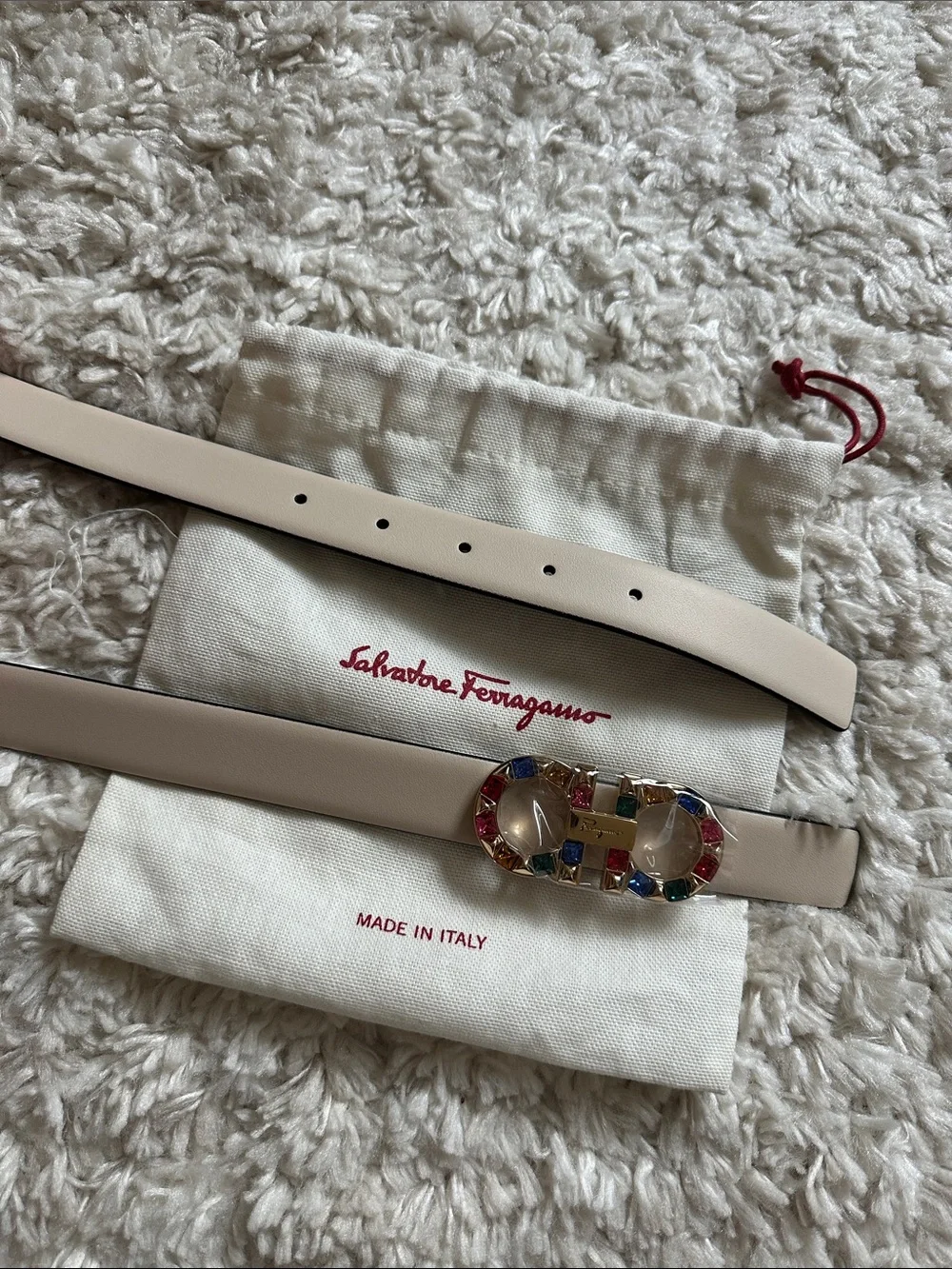 Salvatore Ferragamo Cream Leather Belt with Multicolor Jeweled Gancini Buckle